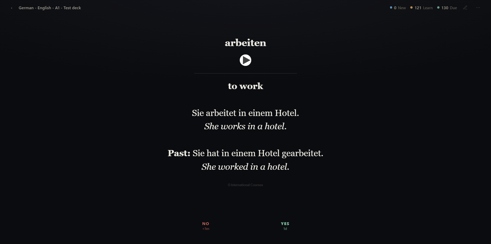 Dark review screen showing arbeiten, audio playback, English translation and example sentences.