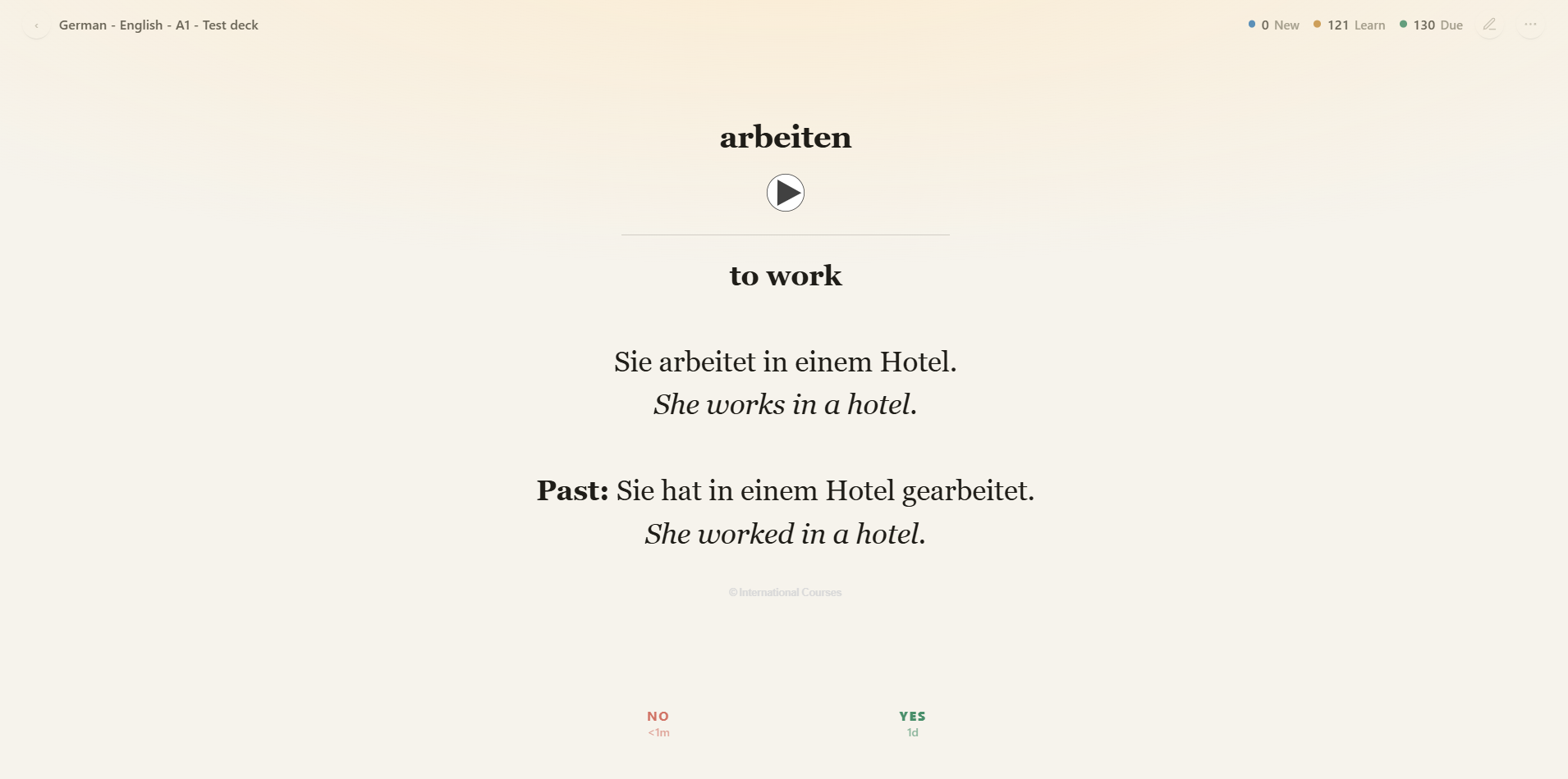 Light review screen showing arbeiten, audio playback, English translation and example sentences.